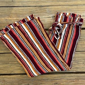 Striped High-Rise Belted Cropped Culottes Pants